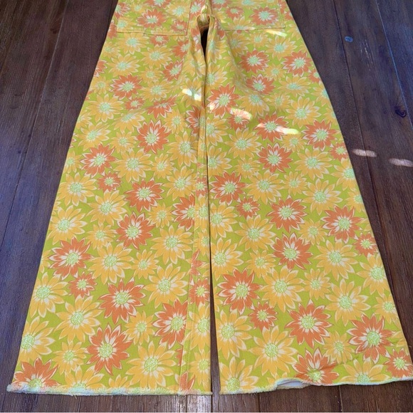 Zara Wide Leg Jeans High Rise Marine daisy Floral 70s Yellow - Picture 12 of 12
